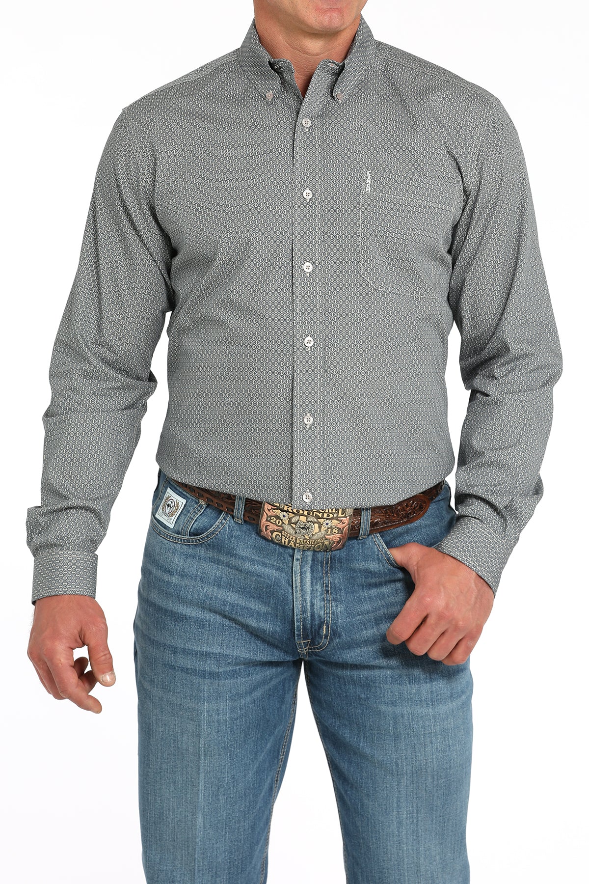 Cinch Men's Shirts - Long Sleeve Modern Fit Geometric Print Shirt - Gray