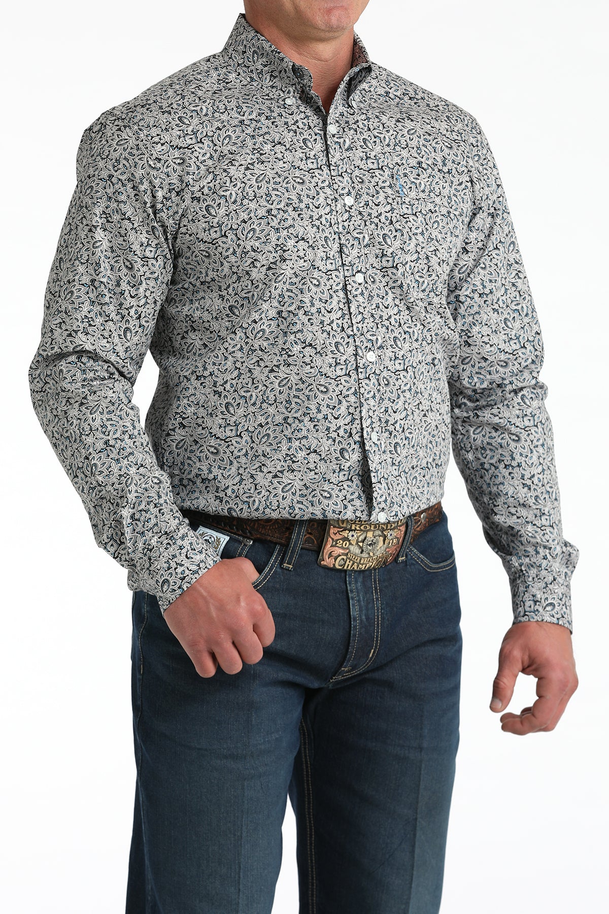 Cinch Men's Long Sleeve Modern Fit Shirt - Blue and Gray Floral Print