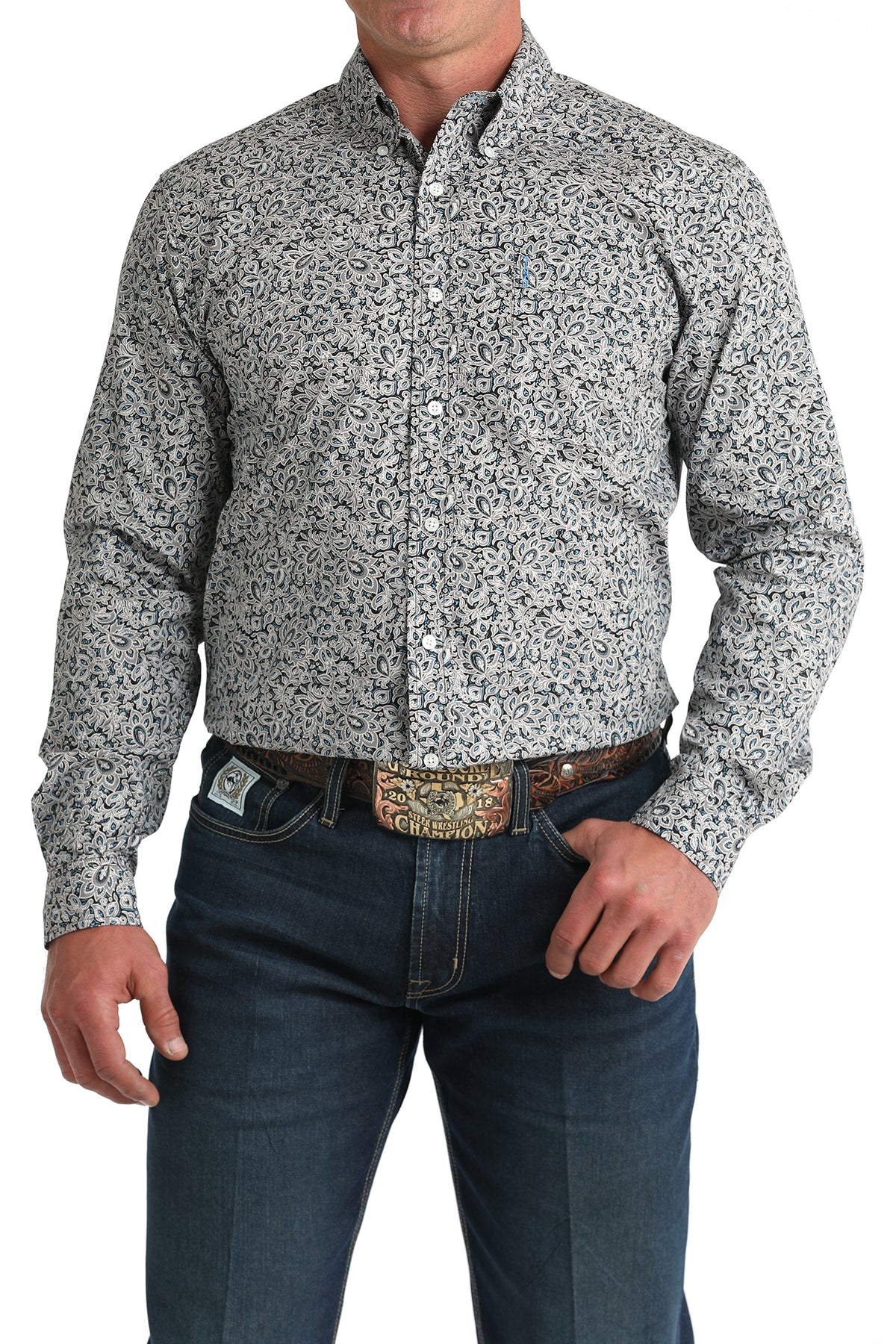 Cinch Men's Long Sleeve Modern Fit Shirt - Blue and Gray Floral Print