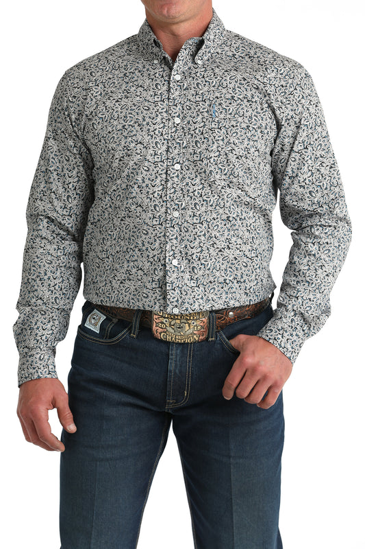 Cinch Men's Long Sleeve Modern Fit Shirt - Blue and Gray Floral Print