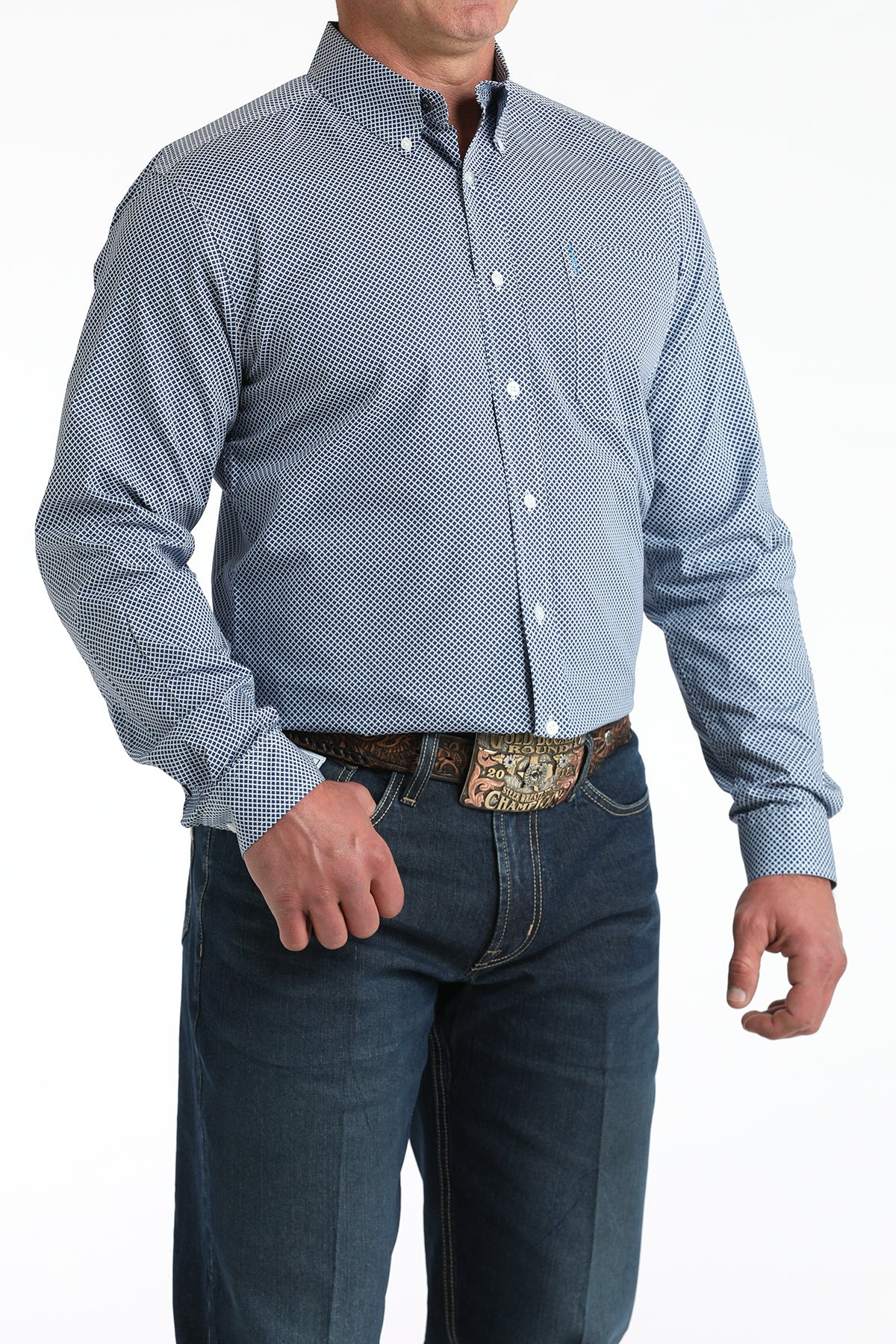 Cinch Men's Long Sleeve Modern Fit Royal Blue Geometric Print Shirt
