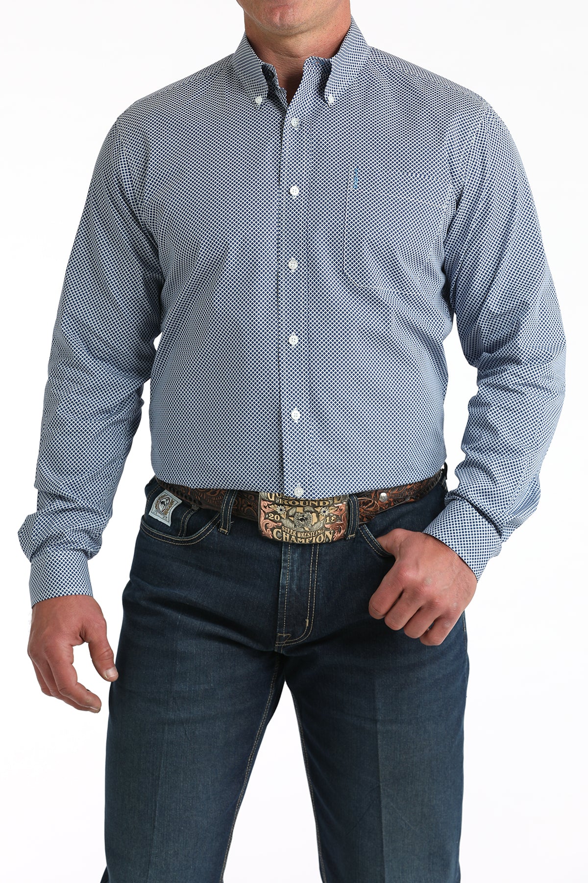 Cinch Men's Long Sleeve Modern Fit Royal Blue Geometric Print Shirt