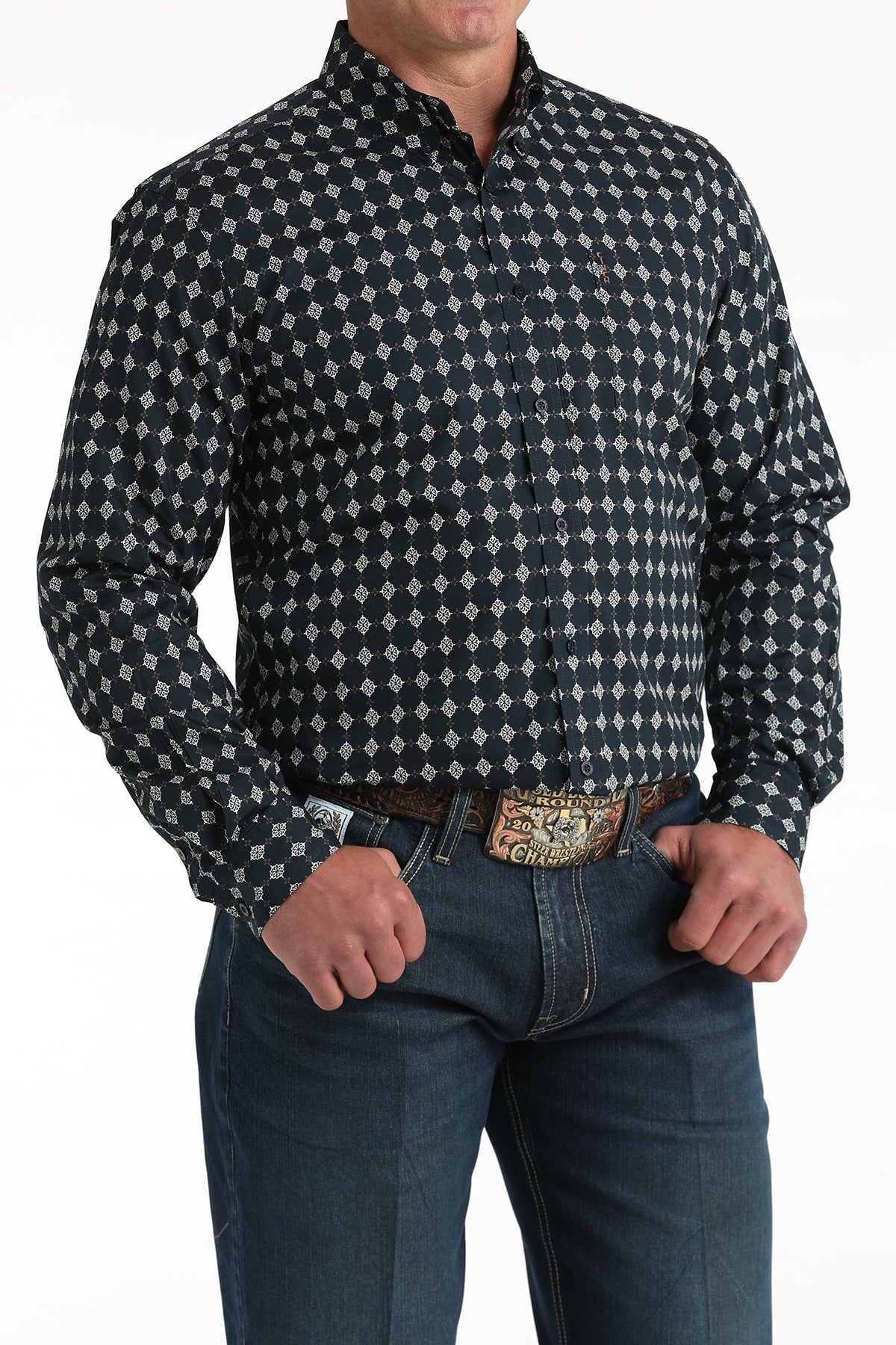 Cinch Men's Long Sleeve Modern Fit Navy Geometric Print Shirt