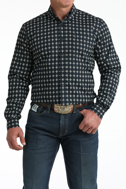 Cinch Men's Long Sleeve Modern Fit Navy Geometric Print Shirt