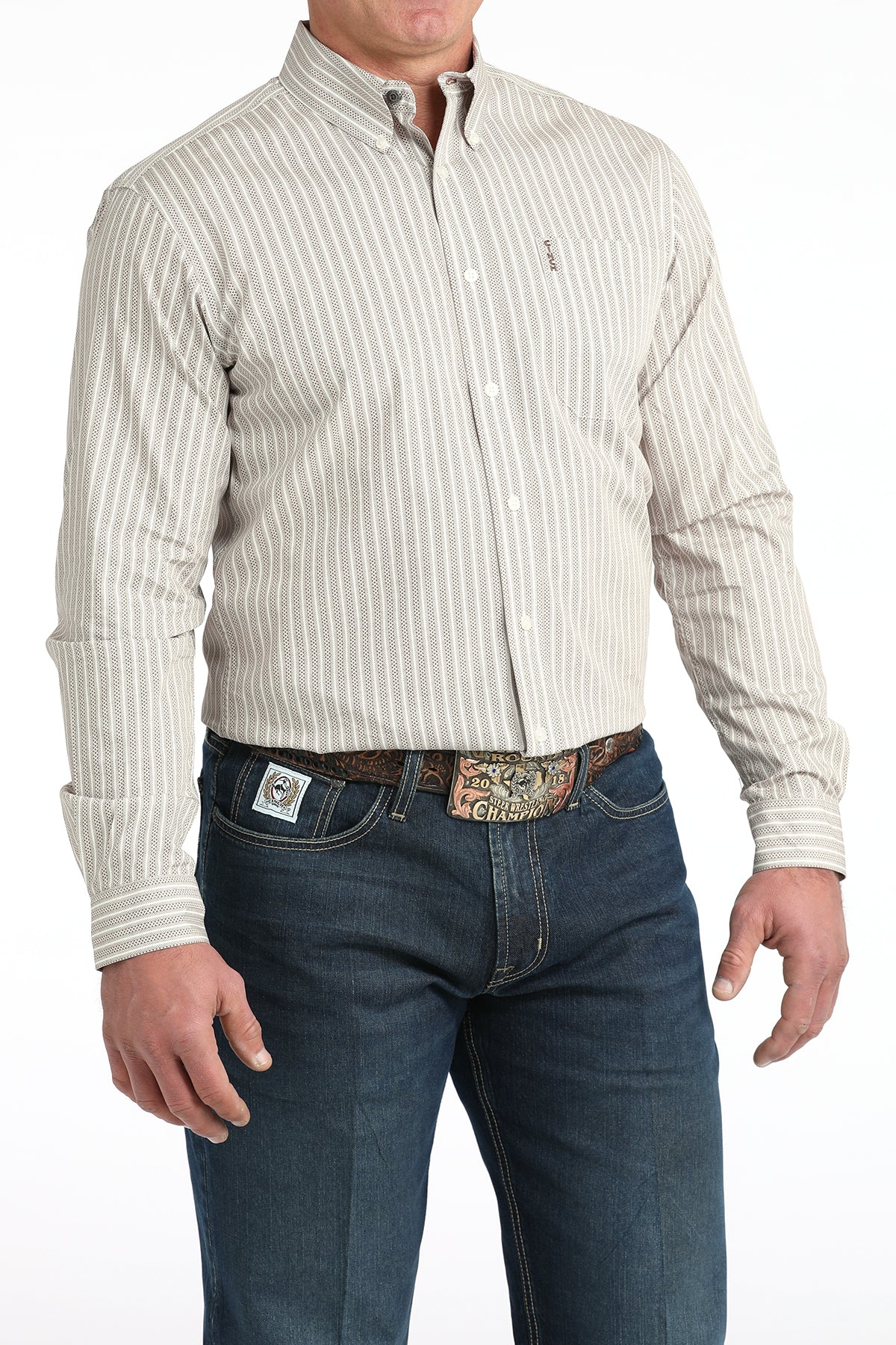 Cinch Men's Long Sleeve Modern Fit Cream and Brown Stripe Print Shirt
