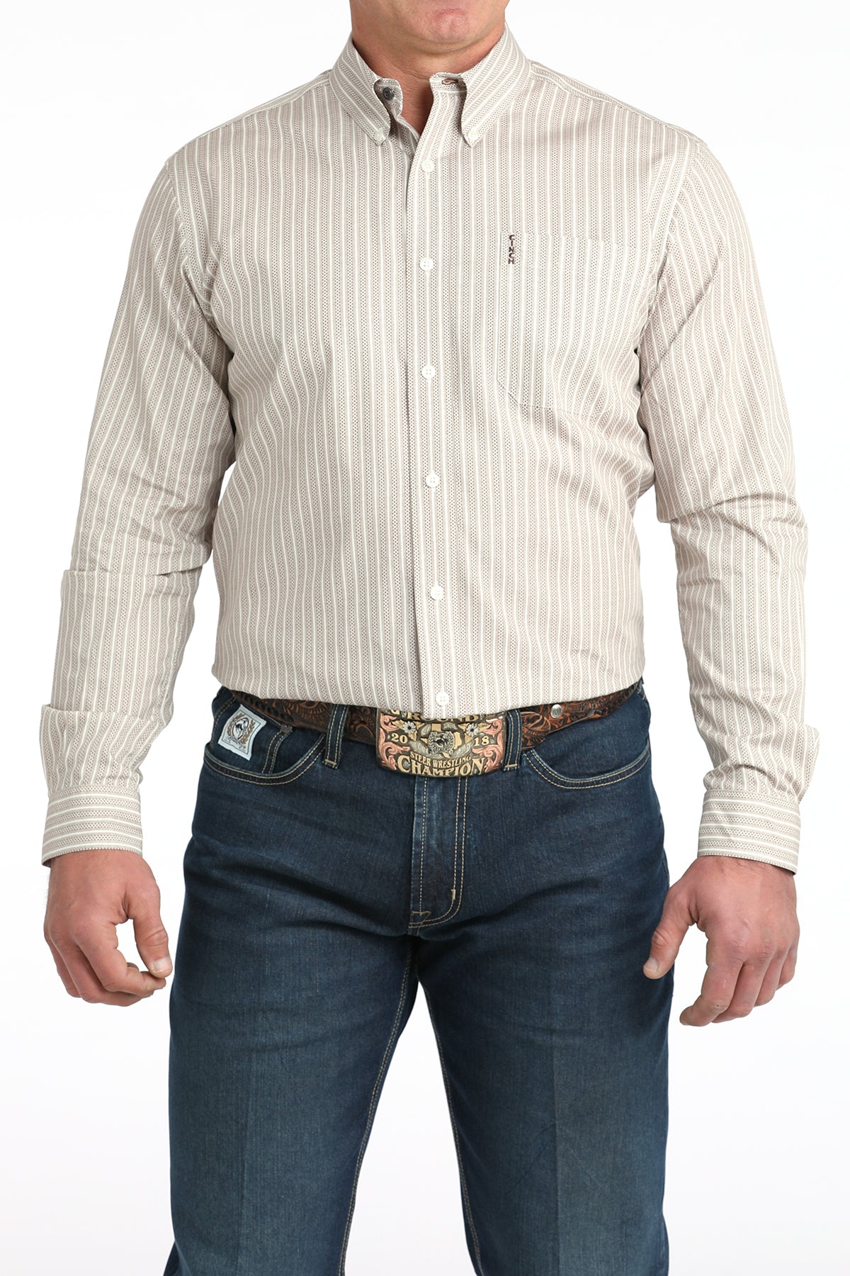 Cinch Men's Long Sleeve Modern Fit Cream and Brown Stripe Print Shirt