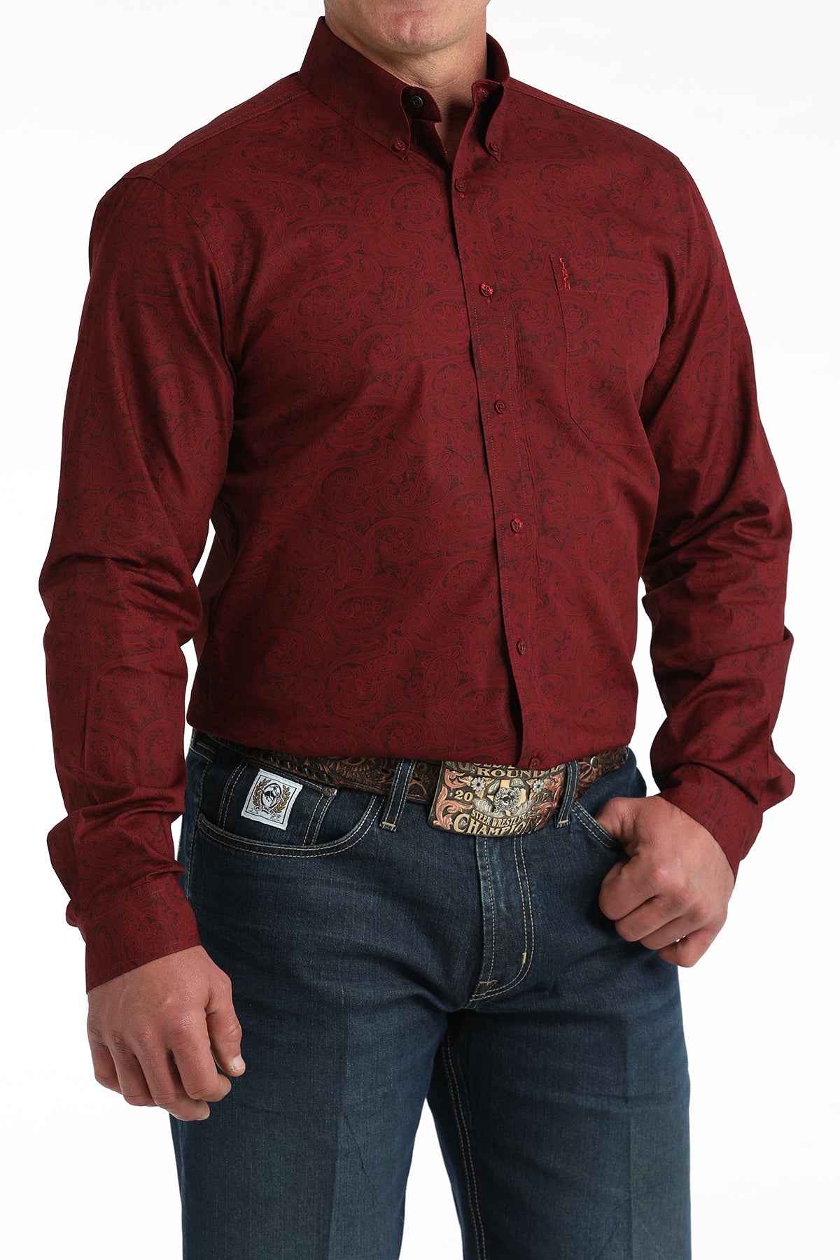 Cinch Men's Long Sleeve Modern Fit Burgundy Paisley Print Shirt
