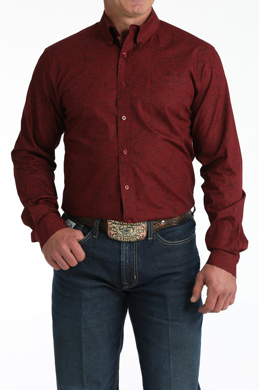 Cinch Men's Long Sleeve Modern Fit Burgundy Paisley Print Shirt