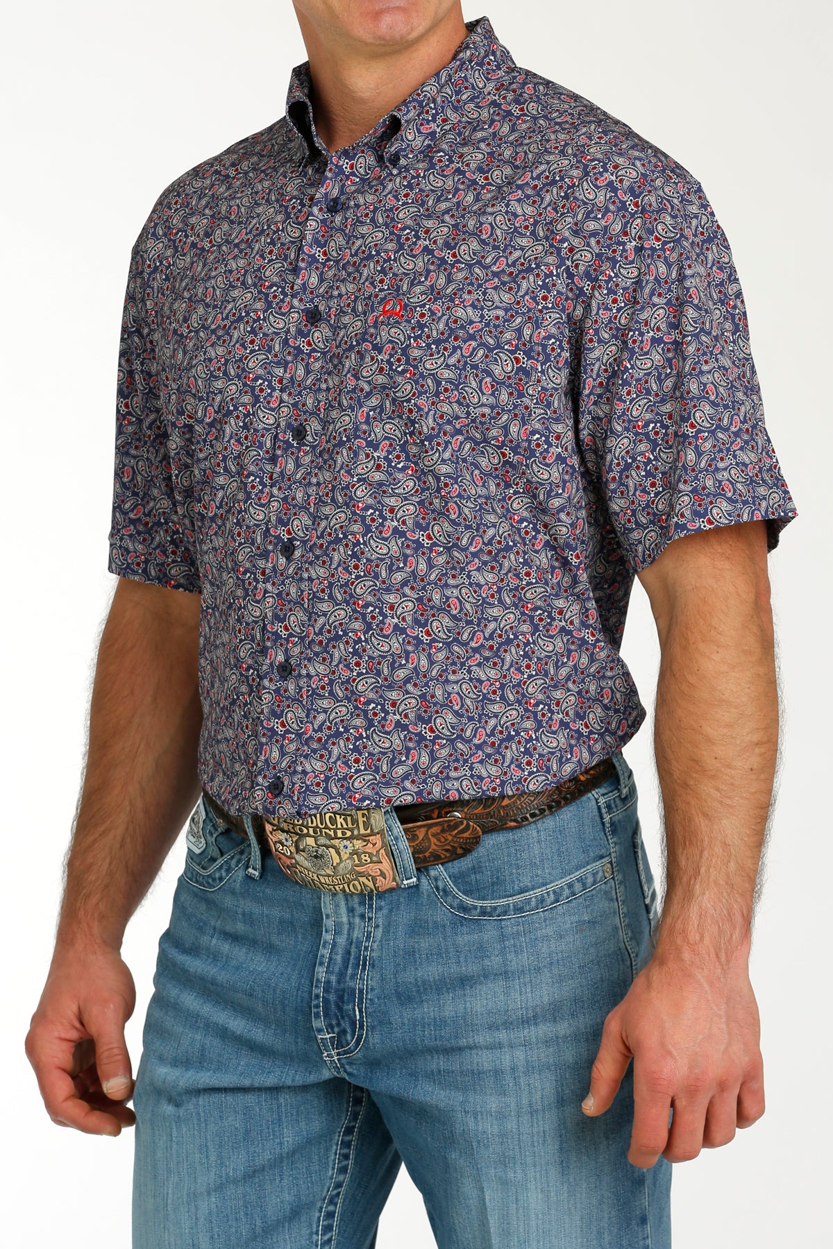 Cinch Men's Arenaflex Short Sleeve Shirt in a Navy Paisley Print