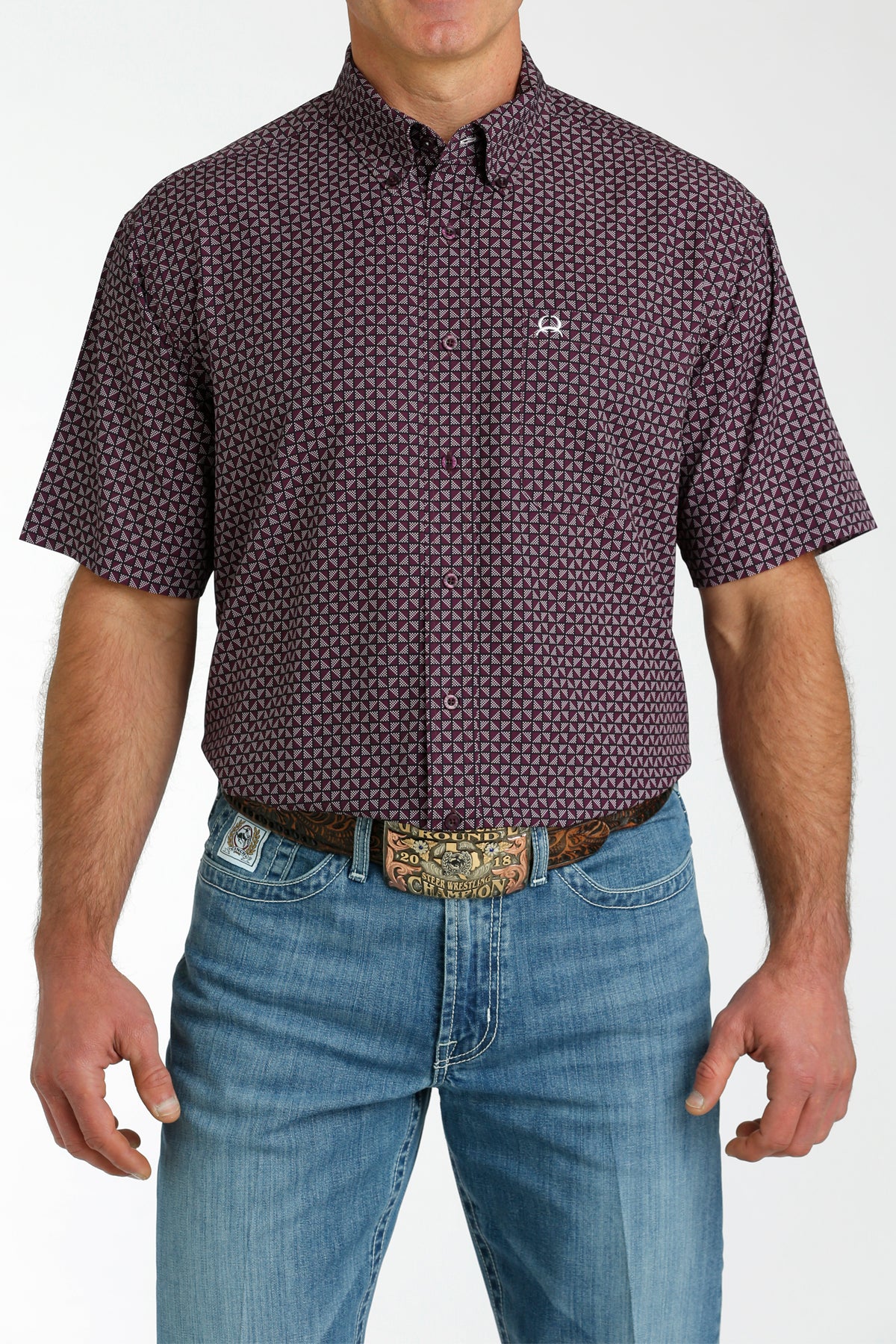 Cinch Men's Short Sleeve Shirt Purple Geometric Print