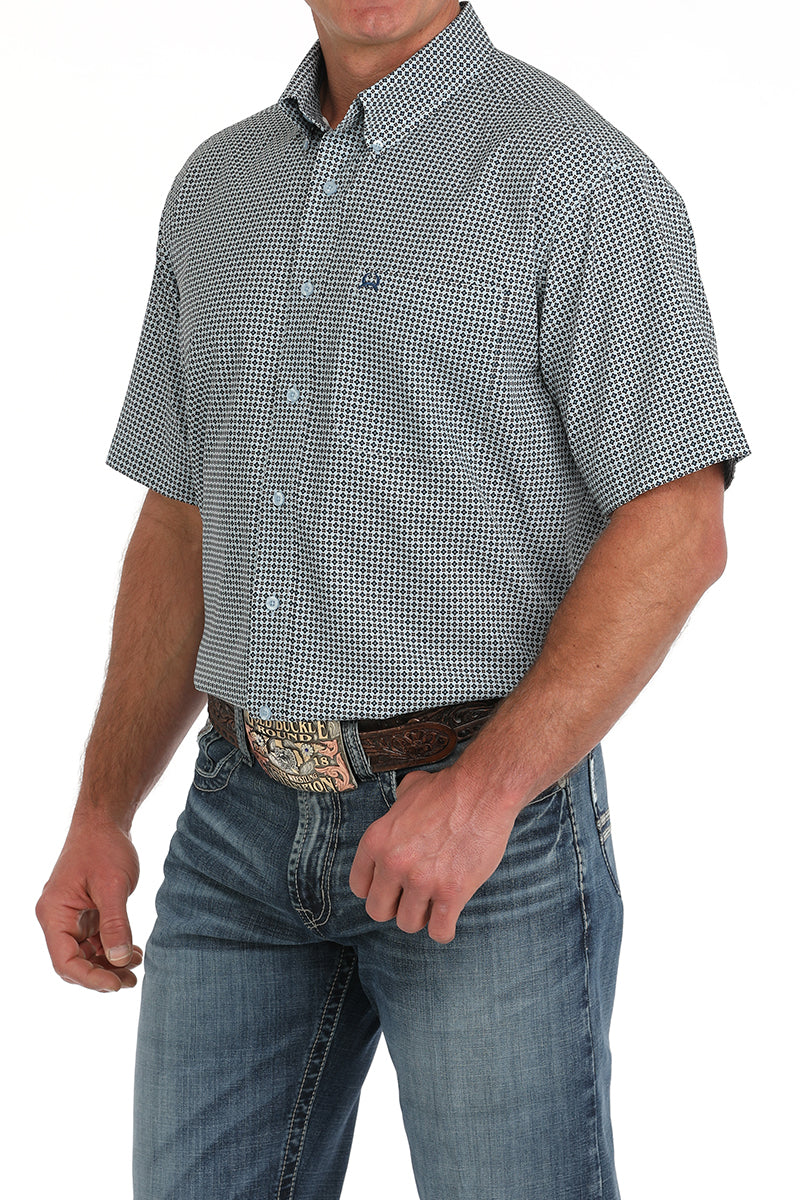 Cinch Men's Short Sleeve Geometric Print Button-Down Arenaflex Shirt - Light Blue