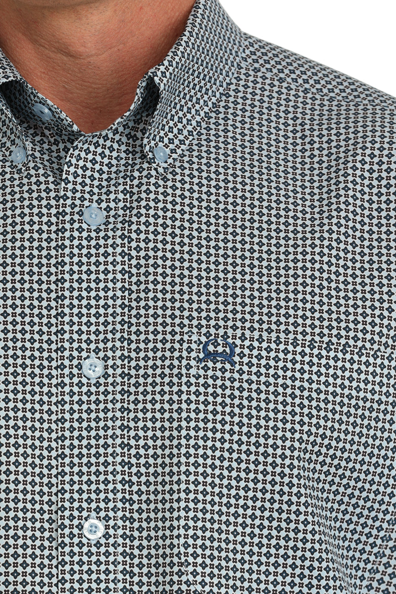 Cinch Men's Short Sleeve Geometric Print Button-Down Arenaflex Shirt - Light Blue