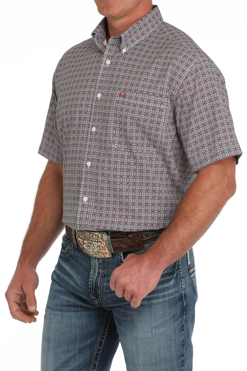 Cinch Men's Short Sleeve Geometric Print Button-Down Arenaflex Shirt - White