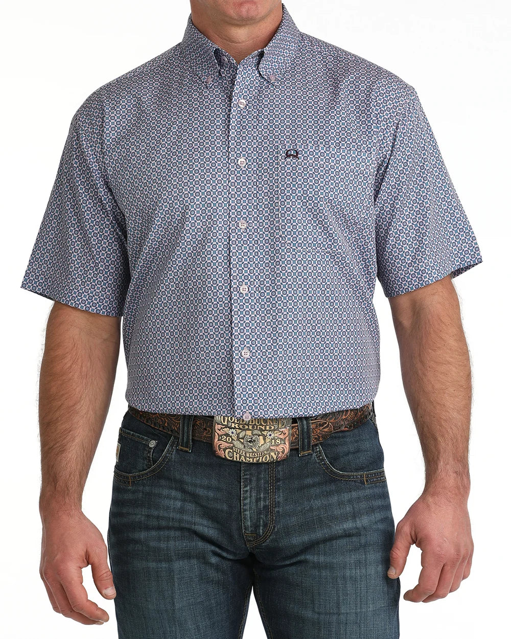 Cinch Men's Short Sleeve Arenaflex Button-Down Lilac Geometric Print Western Shirt