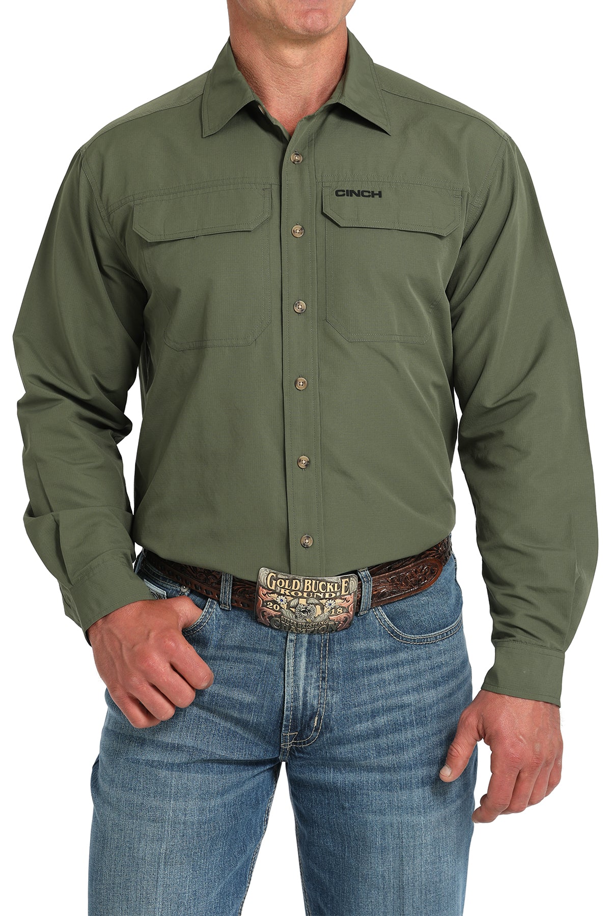 Cinch Men's Long Sleeve Ripstop Solid Button-Down Western Shirt - Olive