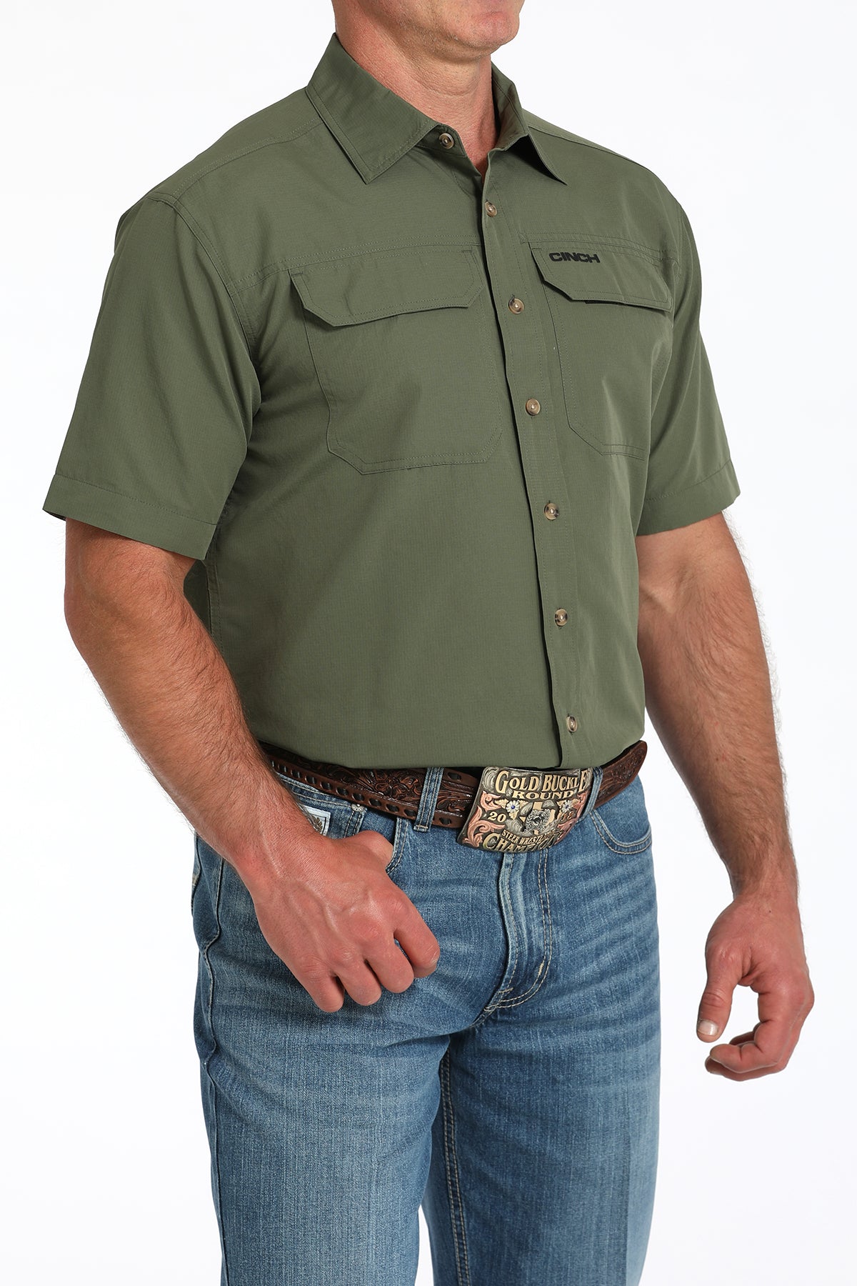 Cinch Men's Short Sleeve Ripstop Solid Button-Down Western Shirt - Olive