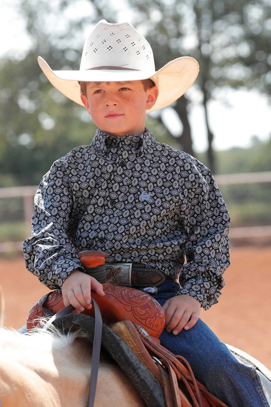 Cinch Boy's Long Sleeve Shirt Blue & White Print on Black