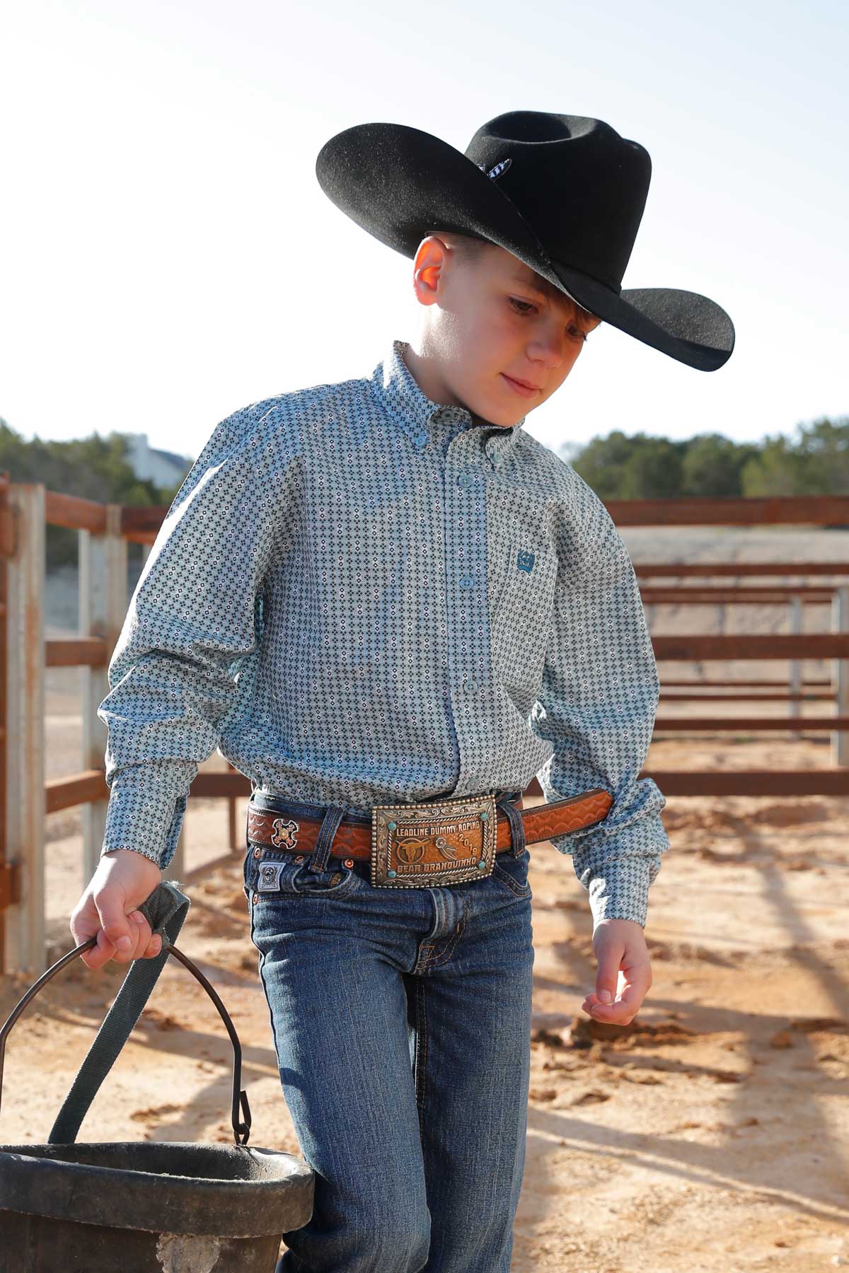 Cinch Boy's Long Sleeve Geometric Print Button-Down Western Shirt - Green