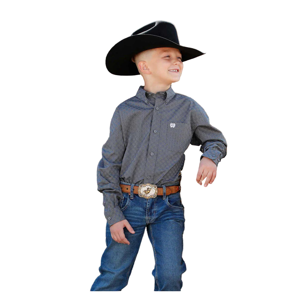 Cinch Boy's Long Sleeve Gray Geometric Print Shirt