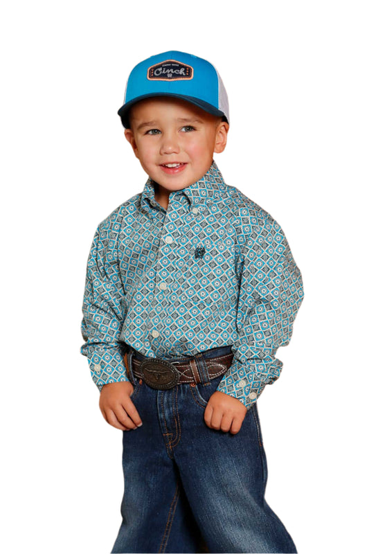 Cinch Boy's Long Sleeve Geometric Print Button-Down Western Shirt - Blue