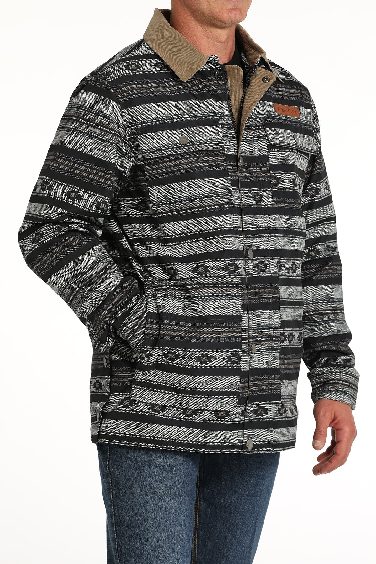 Cinch Men's Blue/Gray Southwest Print Canvas Barn Coat with Removable Hood