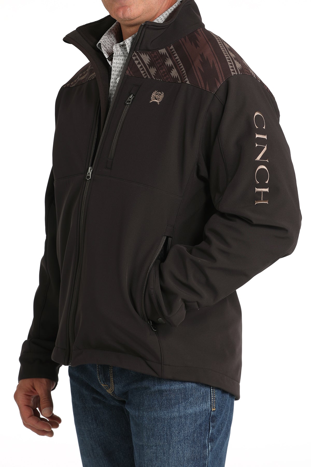 Cinch Men's Jacket - Brown with Southwest Pattern on Shoulders