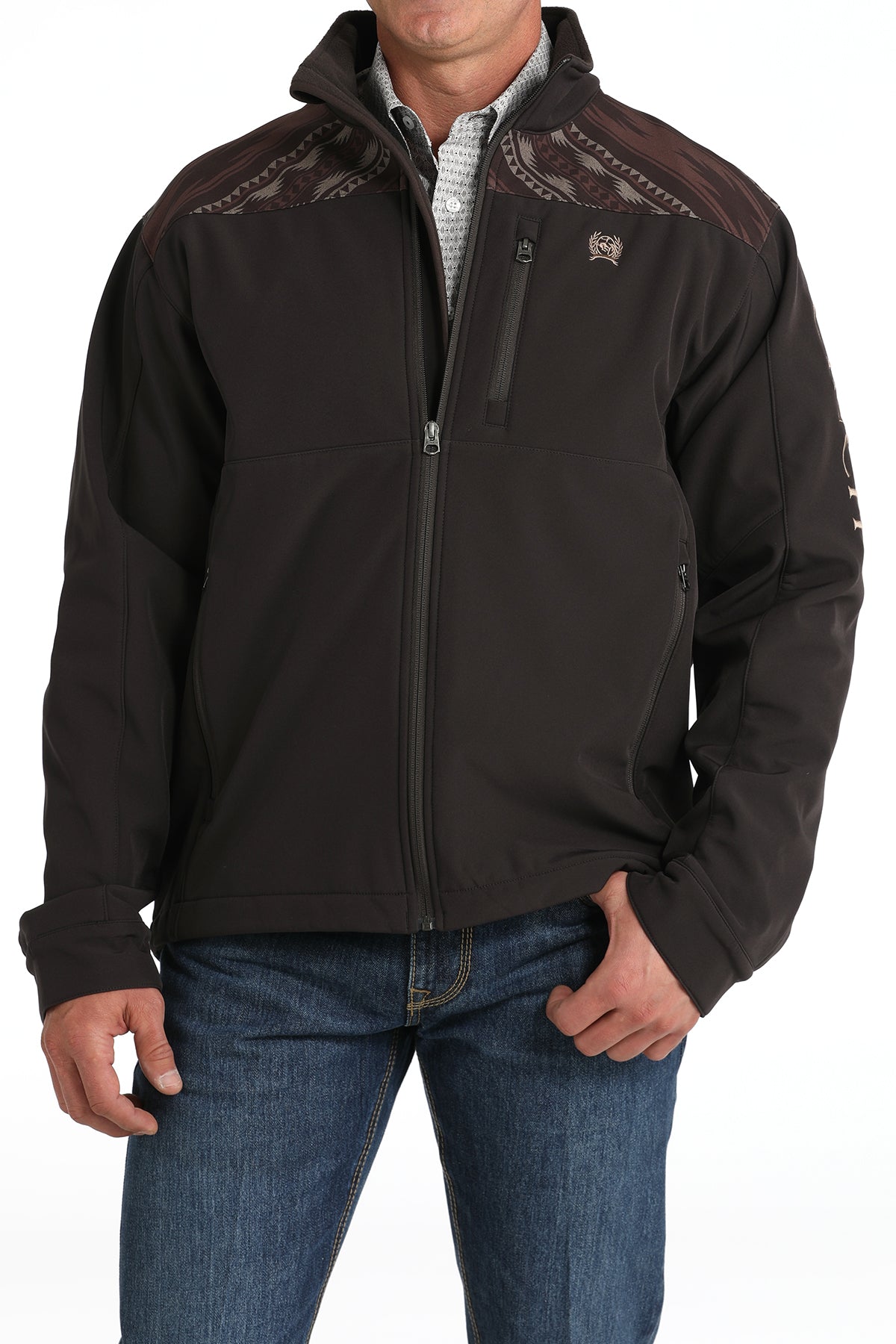 Cinch Men's Jacket - Brown with Southwest Pattern on Shoulders