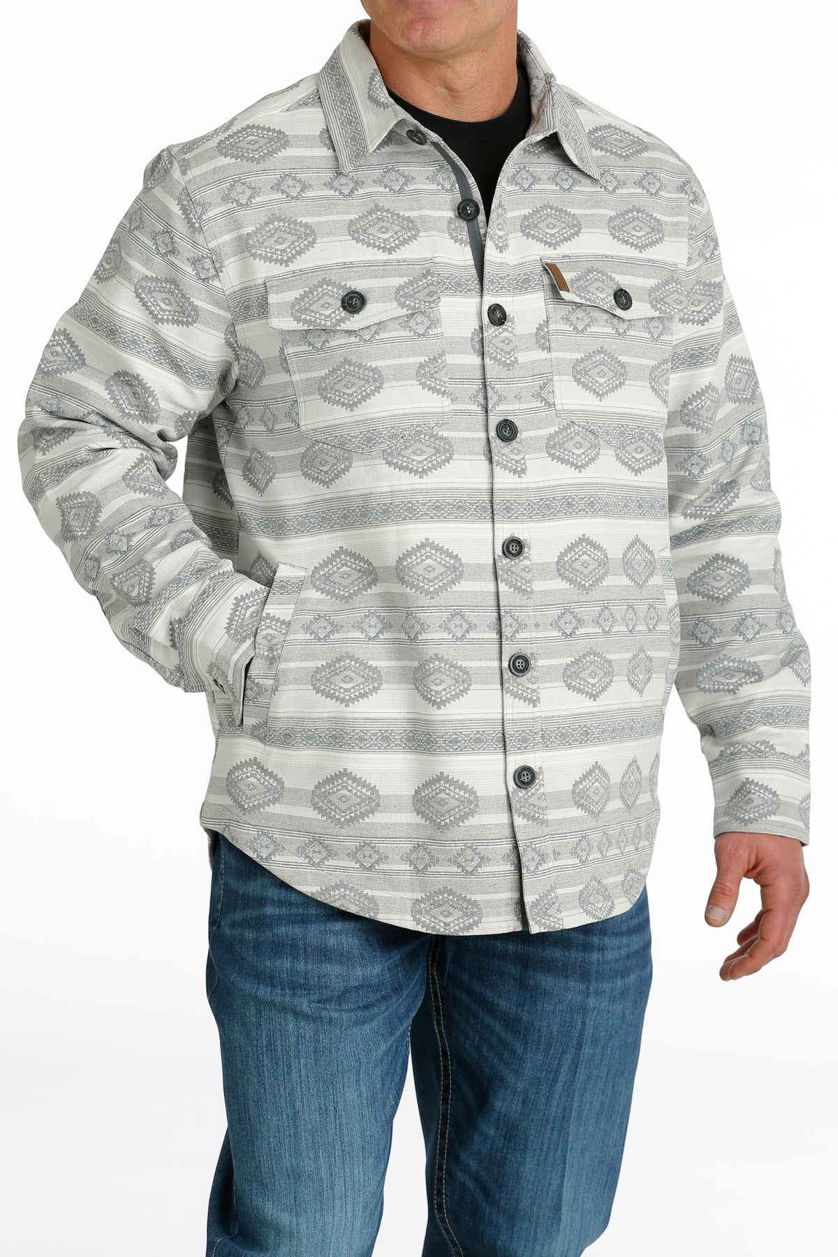 Cinch Men's Long Sleeve Shirt - Heavy Jacquard Grey & Cream