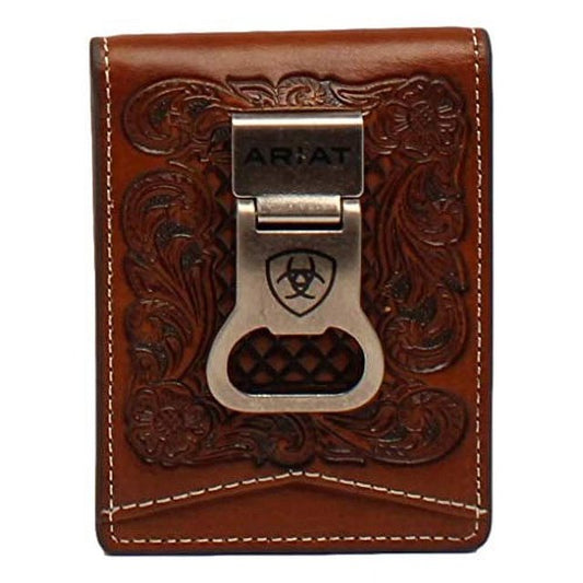 Ariat Men's Brown with Basketweave Tooling Bi-Fold Money Clip/Bottle Opener Wallet