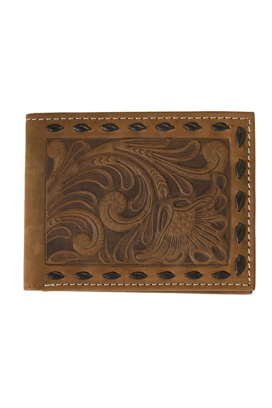 Nocona Men's Bi-Fold Wallet Leather Floral Buck Laced Brown