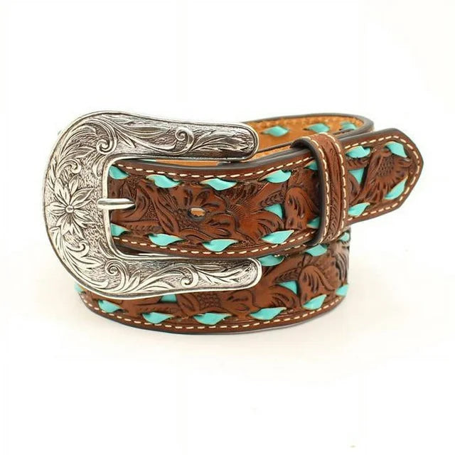 Nocona Kid's Floral Pierced Strap Turquoise Buck Laced Edges Belt & Buckle