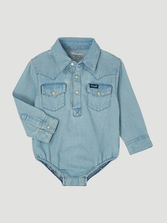 Wrangler Baby Long Sleeve Shirt -Bodysuit with Western Placket in Faded Blue