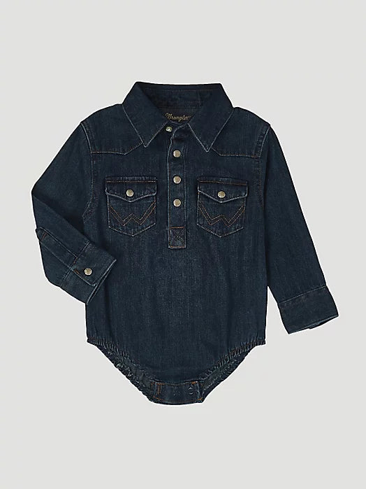 Wrangler Baby Long Sleeve Shirt -Bodysuit with Western Placket in Denim