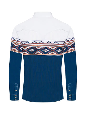 Rodeo Clothing Co. Men's Long Sleeve Shirt - Navy & Cream with Aztec Band Across Chest