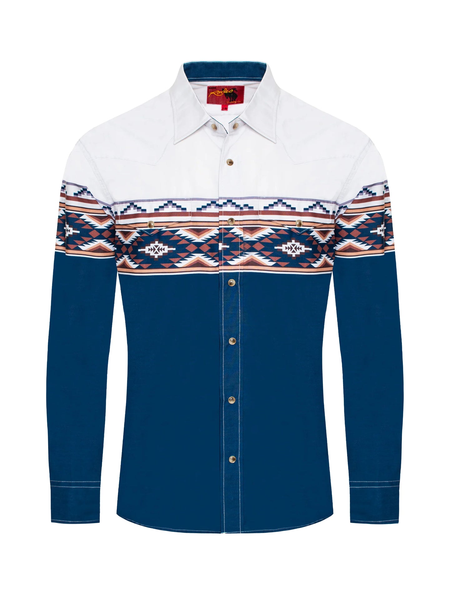 Rodeo Clothing Co. Men's Long Sleeve Shirt - Navy & Cream with Aztec Band Across Chest