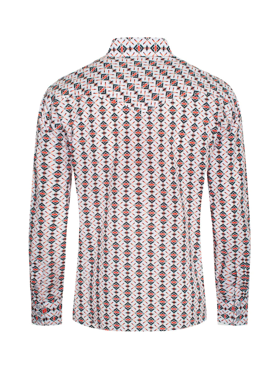 Rodeo Clothing Men's Long Sleeve Shirt - White with Black & Coral Aztec Print