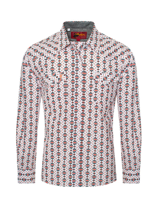 Rodeo Clothing Men's Long Sleeve Shirt - White with Black & Coral Aztec Print