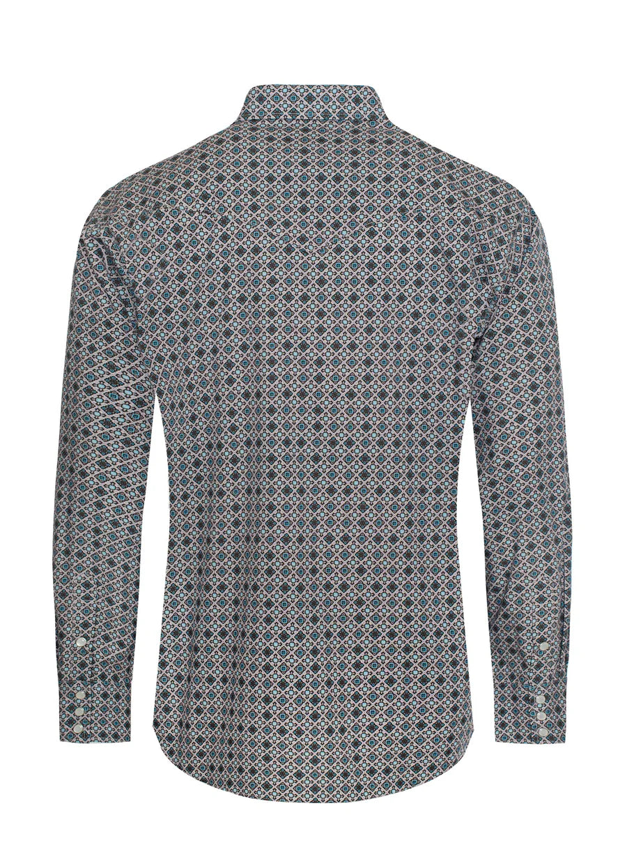 Rodeo Clothing Men's Long Sleeve Shirt - Pearl Snap Grey, Black & Turquoise Print Shirt