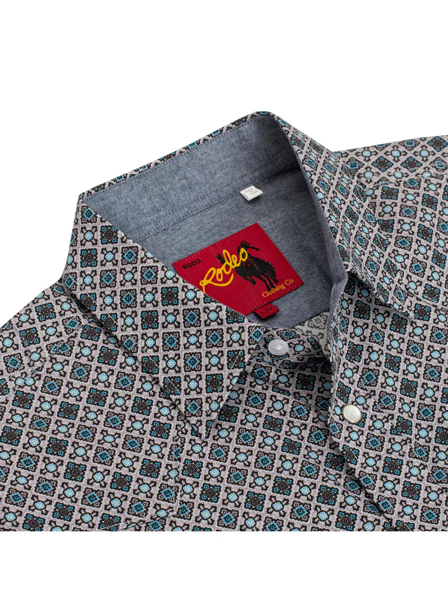 Rodeo Clothing Men's Long Sleeve Shirt - Pearl Snap Grey, Black & Turquoise Print Shirt