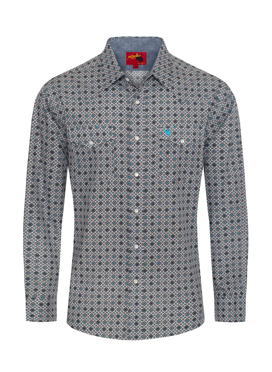 Rodeo Clothing Men's Long Sleeve Shirt - Pearl Snap Grey, Black & Turquoise Print Shirt