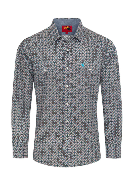 Rodeo Clothing Men's Long Sleeve Shirt - Pearl Snap Grey, Black & Turquoise Print Shirt
