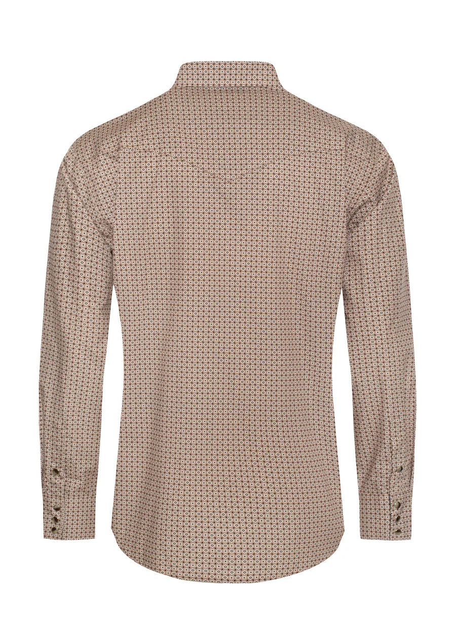 Rodeo Clothing Men's Long Sleeve Shirt - Pearl Snap Tan & Black Print Shirt