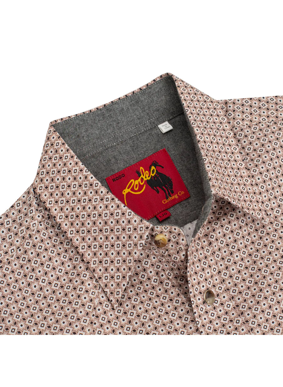 Rodeo Clothing Men's Long Sleeve Shirt - Pearl Snap Tan & Black Print Shirt