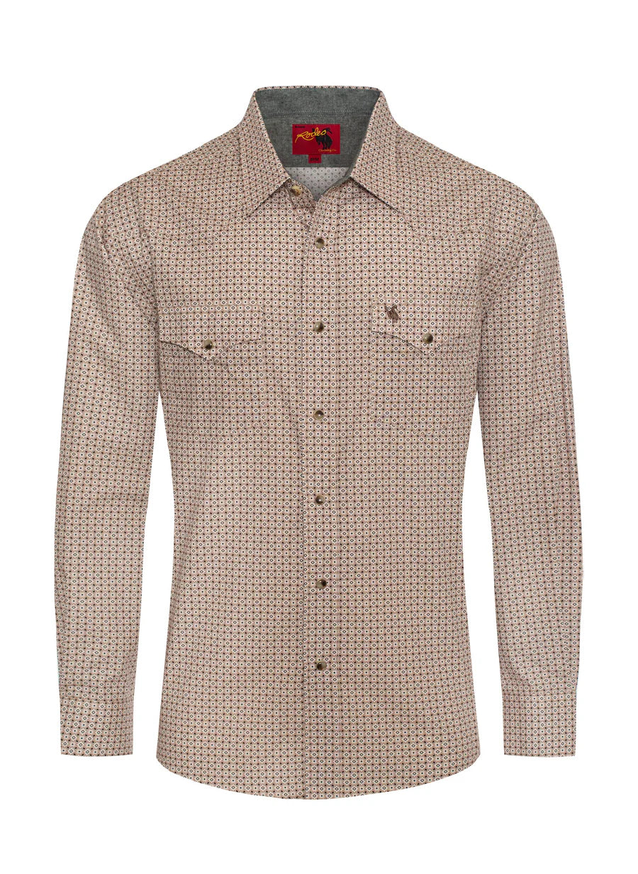 Rodeo Clothing Men's Long Sleeve Shirt - Pearl Snap Tan & Black Print Shirt