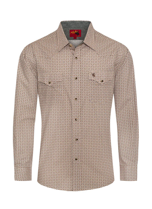 Rodeo Clothing Men's Long Sleeve Shirt - Pearl Snap Tan & Black Print Shirt
