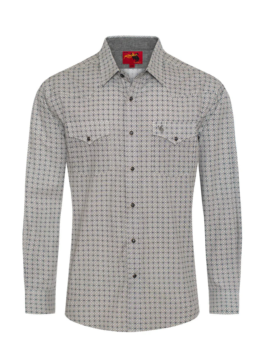 Rodeo Clothing Men's Long Sleeve Shirt - Pearl Snap Grey & Black Print Shirt