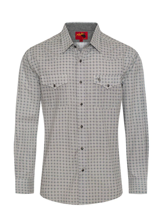 Rodeo Clothing Men's Long Sleeve Shirt - Pearl Snap Grey & Black Print Shirt