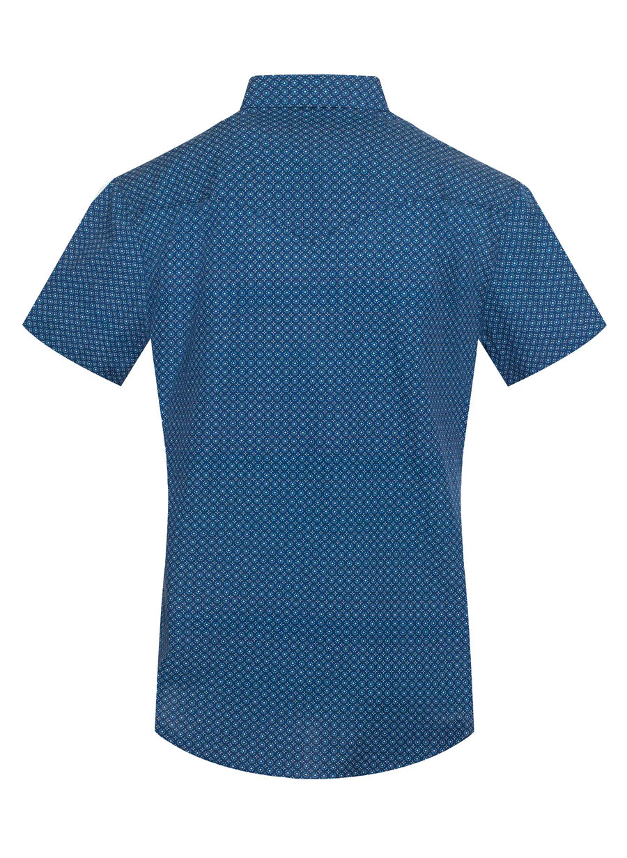 Rodeo Clothing Men's Short Sleeve Shirt - Pearl Snap Blue Print Shirt