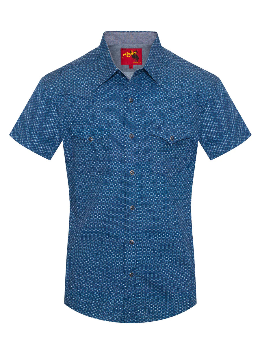 Rodeo Clothing Men's Short Sleeve Shirt - Pearl Snap Blue Print Shirt