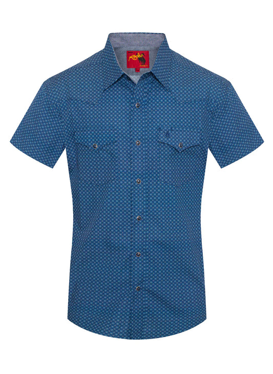 Rodeo Clothing Men's Short Sleeve Shirt - Pearl Snap Blue Print Shirt
